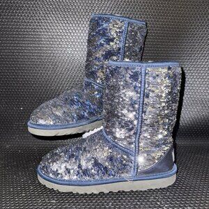 UGG Australia Silver Blue Sequin Sparkle Boots Faux Sherpa Fur Womens Size 6
